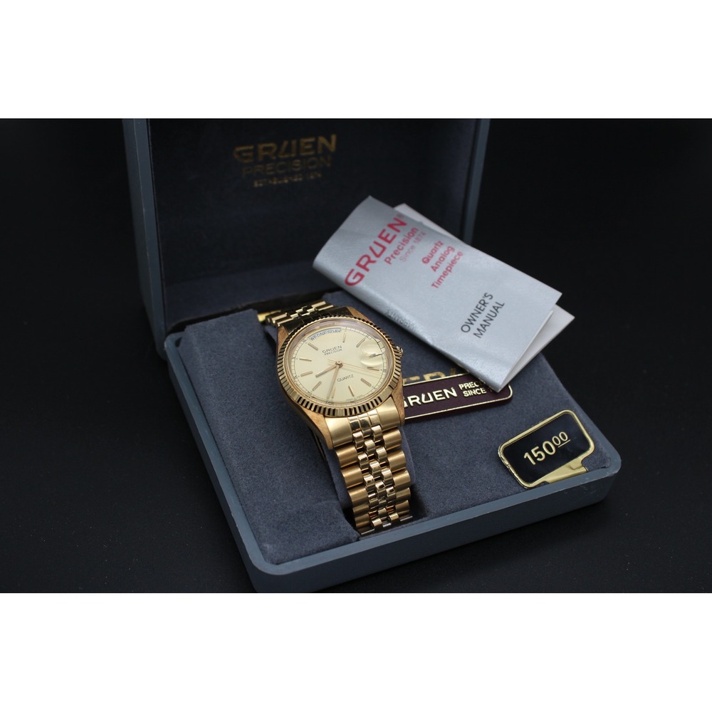 NOS Gruen Precision Quartz Day Date 36mm Box Papers Gold Tone Runs - Picture 3 of 3